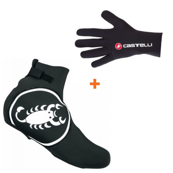 Castelli Diluvio Überschuh und Radhandschuhe Vorteilspaket 14537-010+17524-010